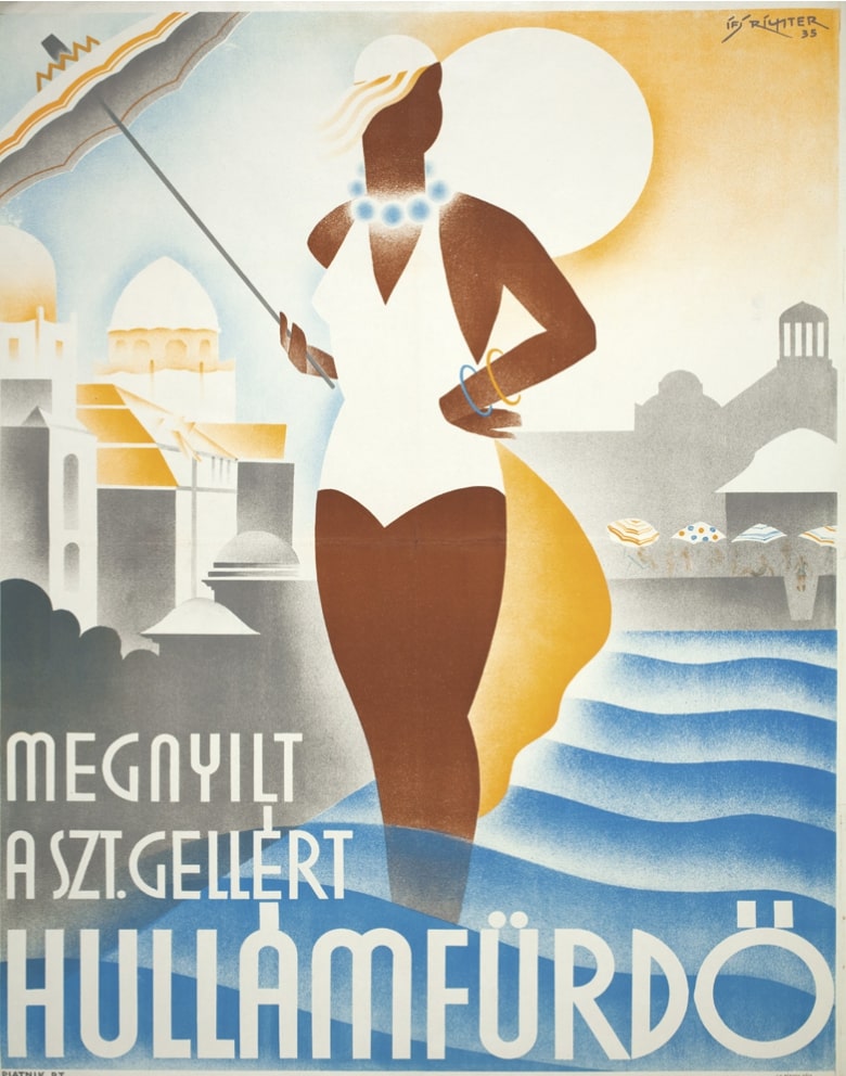 Richter egyik legjobb plakátja a modern életmód örömeit hirdeti: napfény és hullámok találkoznak a Gellért a strandján. (OSZK PKT, PKG.1935/252)